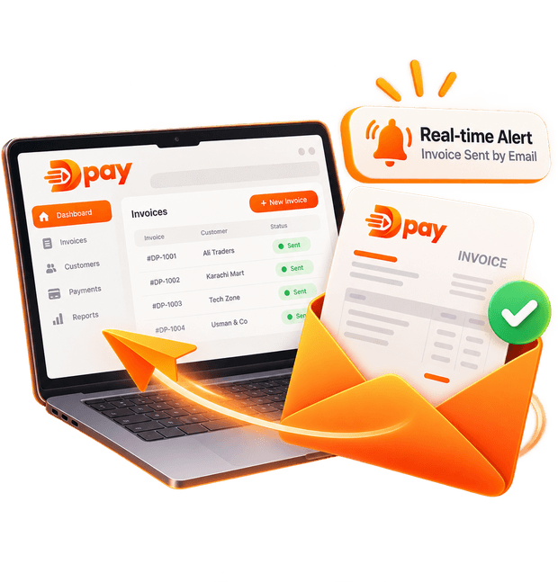 A DPay invoice list on a laptop with an invoice email flying out of an envelope.